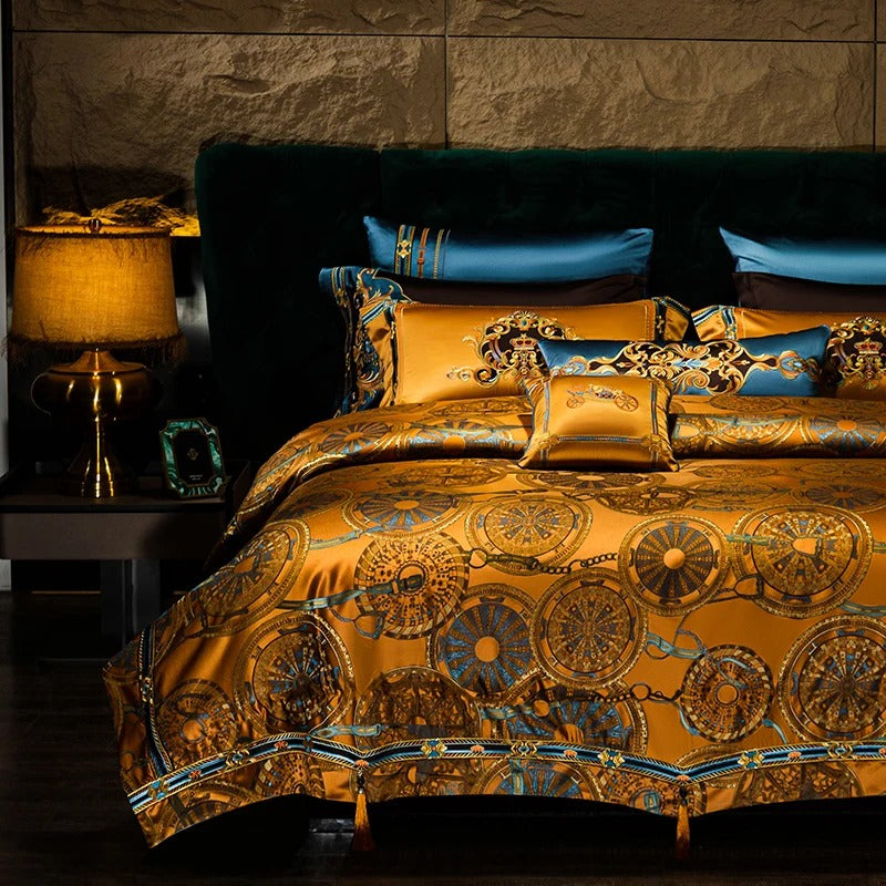 Golden and Blue Embroidery Bedding Set with Duvet Cover - 1000TC