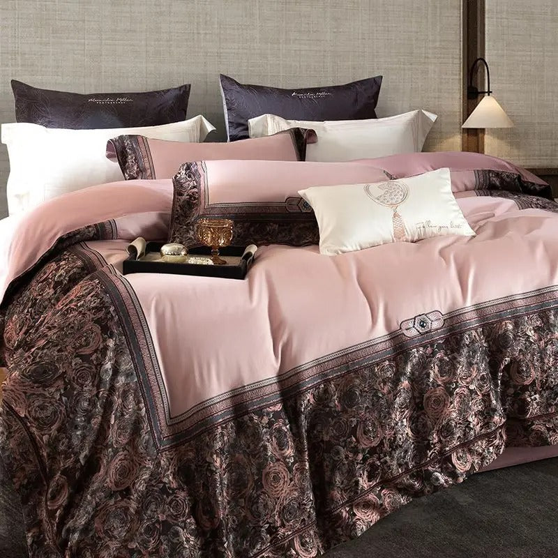 Royal Blush & Coffee Brown Jacquard Embroidered Bed Set - 1500TC