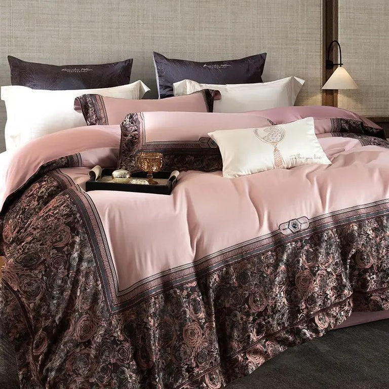 Royal Blush & Coffee Brown Jacquard Embroidered Bed Set - 1500TC