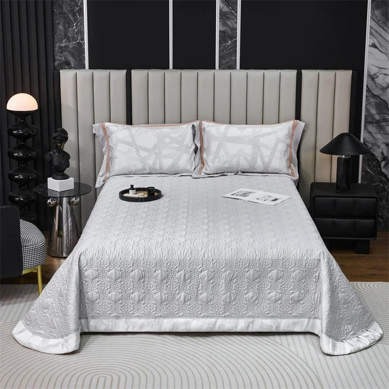 Light Gray Embroidery Tencel Cotton Bed Sheet Set with Duvet Cover - 1000TC