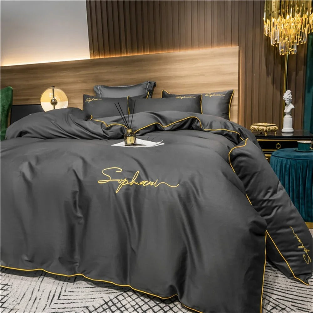 Black Bedding Set with Gold Piping & Signature Embroidery - 400TC