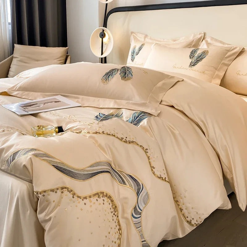 Feather-Embroidered Beige Satin Bedding Set with Duvet Cover - 600TC