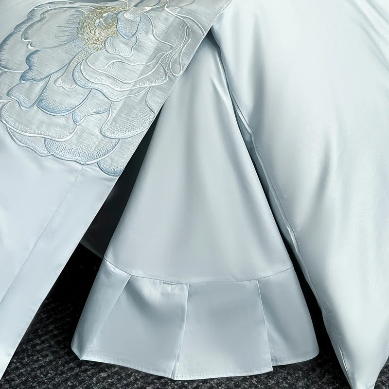 Embroidered Blue Satin Floral Bedding Set with Duvet Cover -  600TC
