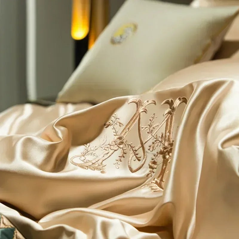 Champagne Gold Satin Embroidery Bedding Set with Duvet Cover - 1200TC
