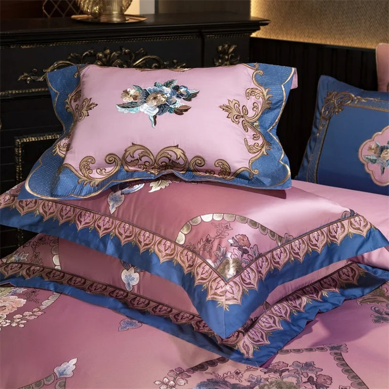 Royal Pink Floral Embroidery Bedding Set with Duvet Cover - 1000TC