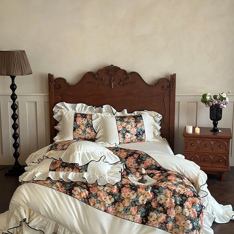 Rose-Printed Egyptian Cotton Bedding Set with Ruffles - 1000TC