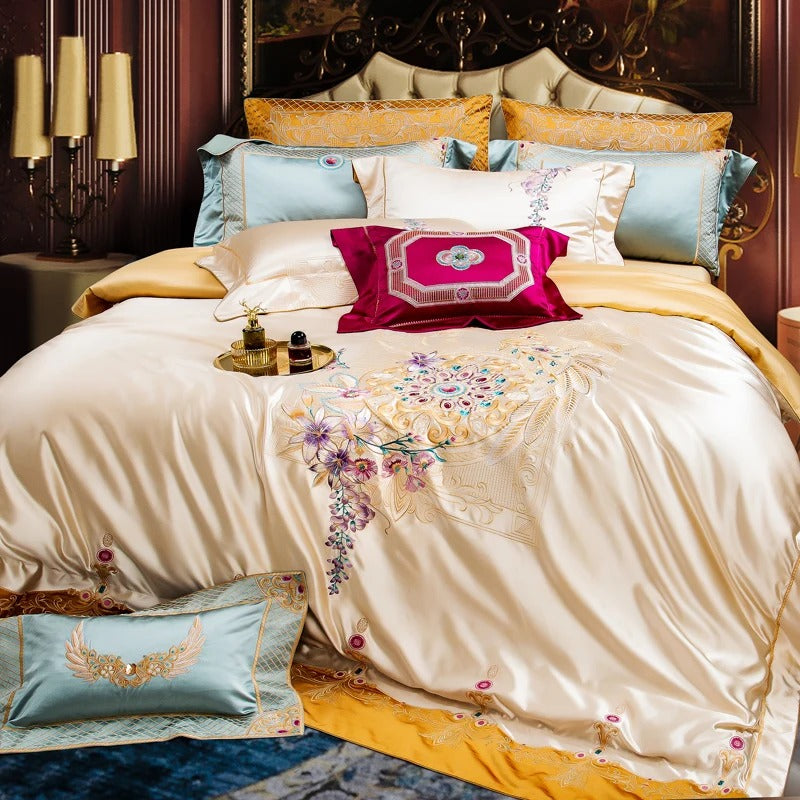 Royal Floral Embroidered Egyptian Cotton Bedding Set with Duvet Cover -1500TC
