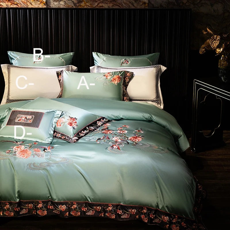 Serene Green Satin Floral Embroidery Bedding Set - 1000TC