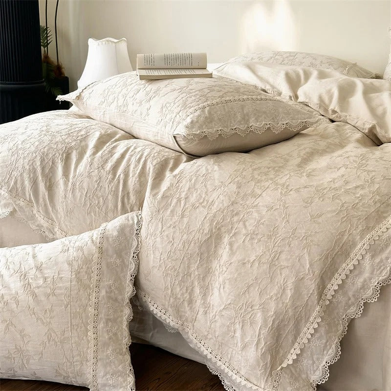 Classic Beige Satin Bedding Set with Beautiful Lace Trim - 600TC