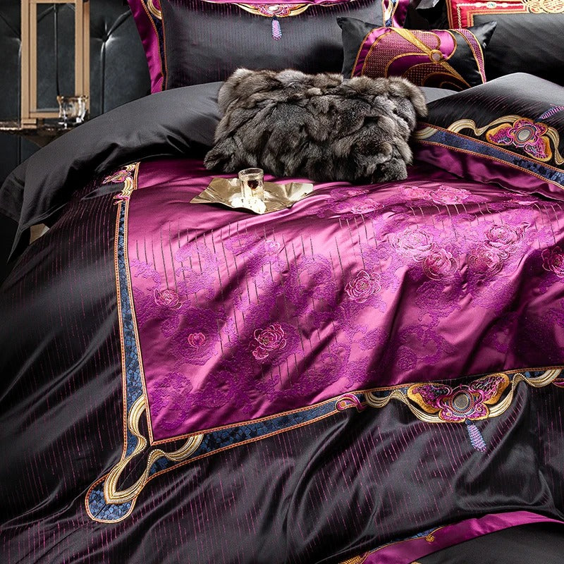 Jacquard Black and Purple Egyptian Cotton Bedding Set - 1500TC
