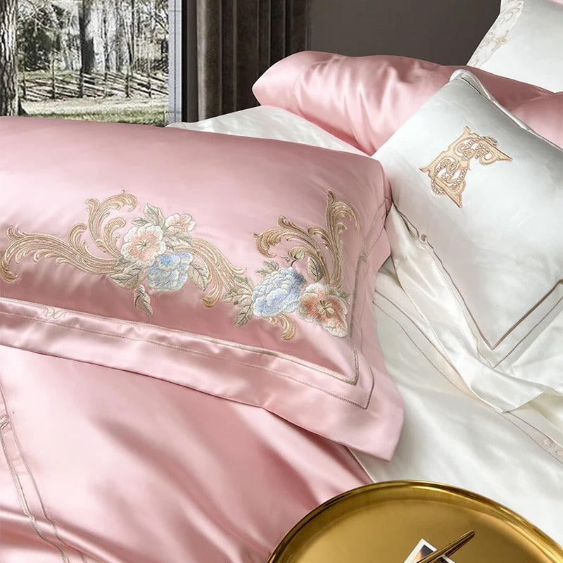 Soft Pink Satin Embroidered Flowers Bedding Set with Duvet Cover - 1500TC