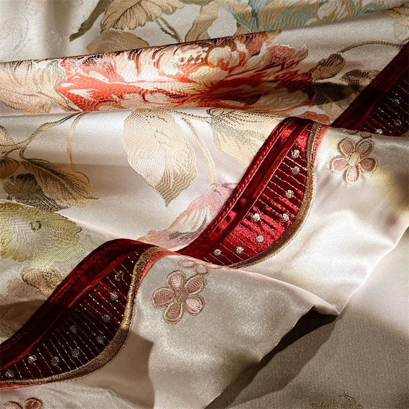 Beautiful Red Embroidered Floral Satin Bedding Set with Duvet Cover - 1200TC