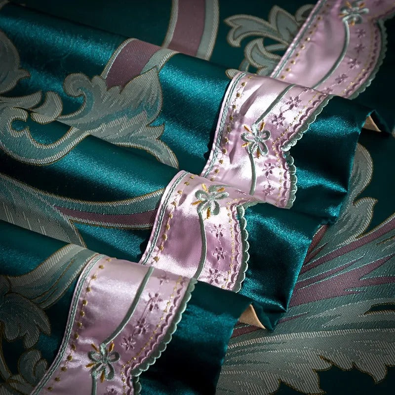 Teal Satin Bedding Set with Embroidered Pink Floral Motifs - 1200TC
