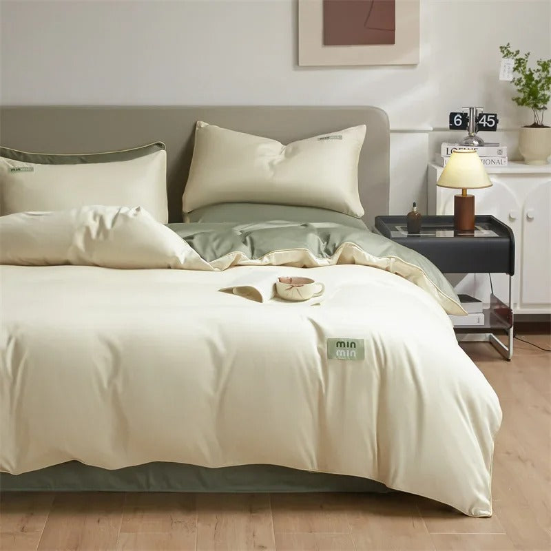 Beige and Green Satin Egyptian Cotton Bedding Set with Duvet Cover - 800TC