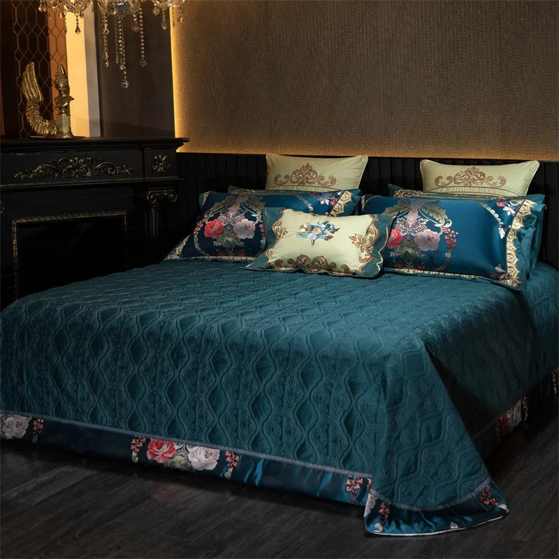 Teal Blue Barooq Floral Embroidered Bedding Set with Duvet Cover - 1000TC