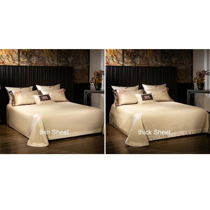 Premium Satin Flower & Bird Embroidered Bedding Set - 1000TC