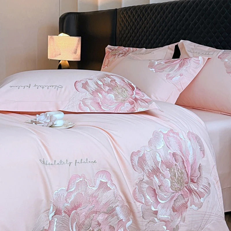 Luxury Modern Embroidered Pink Floral Bedding Set with Duvet Cover - 600TC