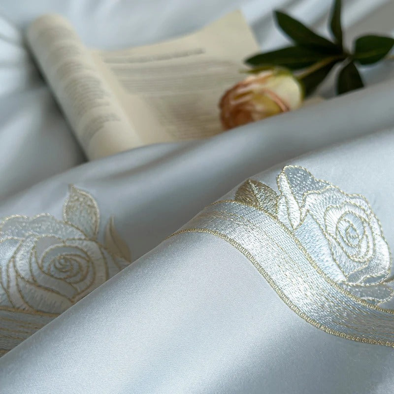 Luxury Blue Satin Bedding Set with Silver Floral Embroidery - 600TC