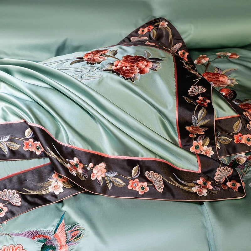 Serene Green Satin Floral Embroidery Bedding Set - 1000TC