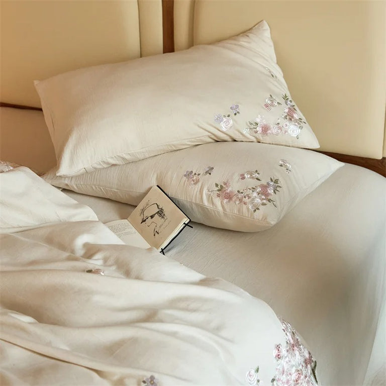 Flowers Embroidery Cotton Bedding Set with Duvet Cover - 600TC