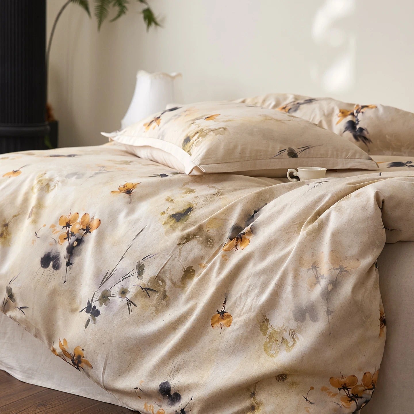 Soft Beige Floral Egyptian Cotton Bedding Set with Duvet Cover - 800TC