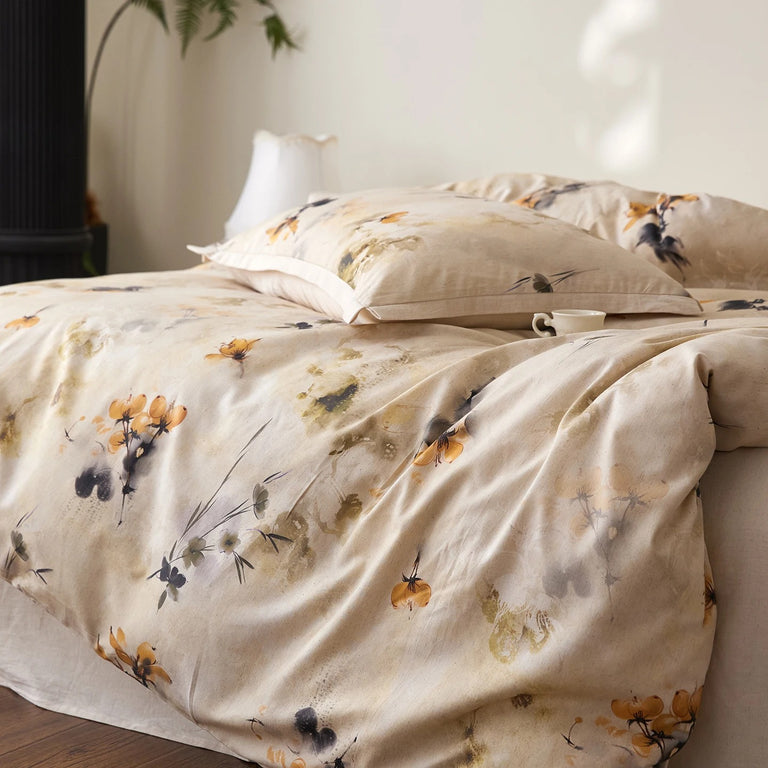 Soft Beige Floral Egyptian Cotton Bedding Set with Duvet Cover - 800TC