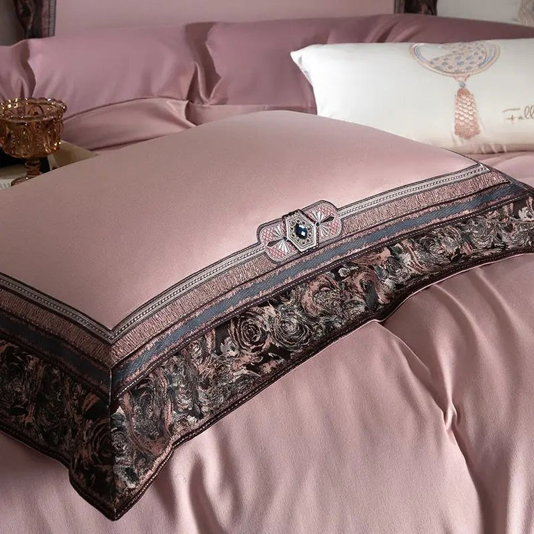 Royal Blush & Coffee Brown Jacquard Embroidered Bed Set - 1500TC
