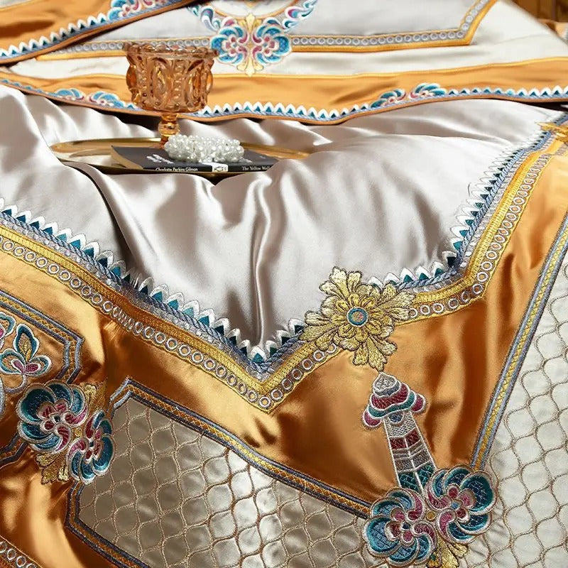Rich Silver Satin Bedding Set with Unique Embroidered Border - 1500TC