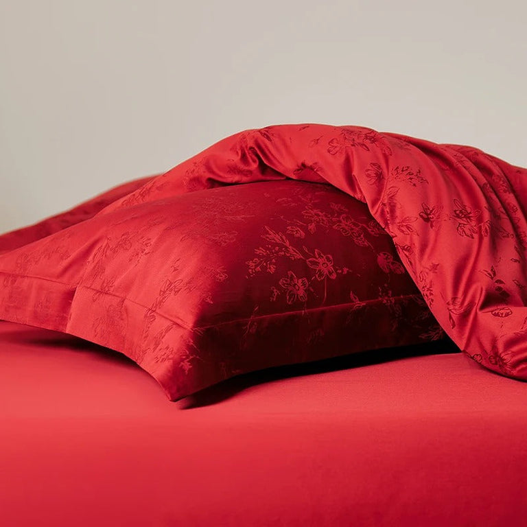 Red Floral Jacquard Bedding Set with Duvet Cover - 900TC
