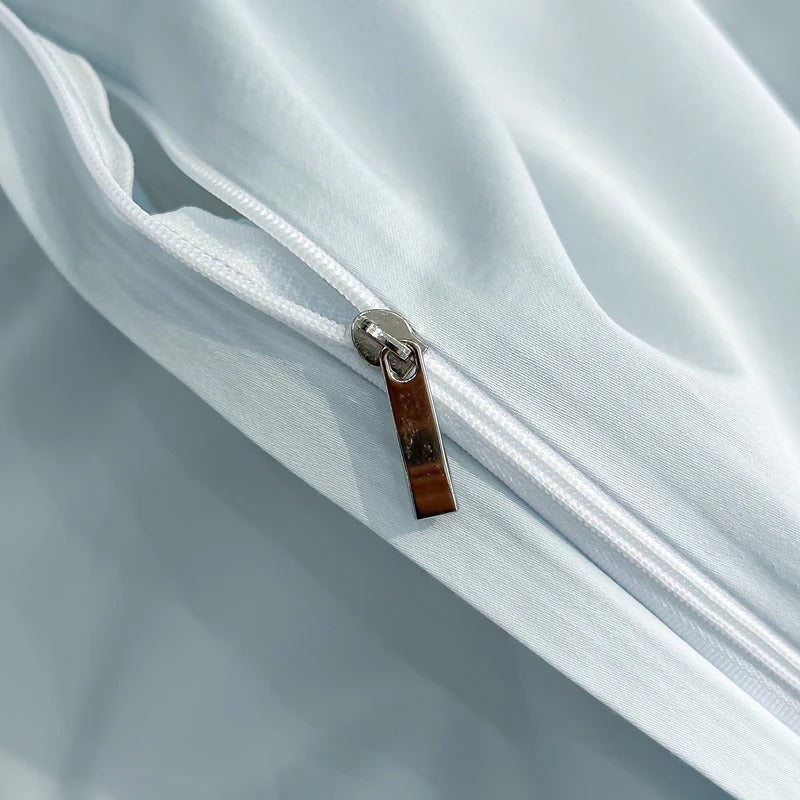 Embroidered Blue Satin Floral Bedding Set with Duvet Cover -  600TC