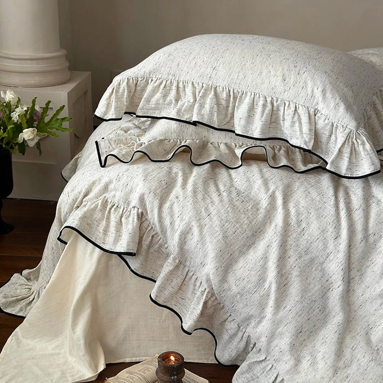 Off White Ruffled Bedding Set with Black Trim - 1000TC