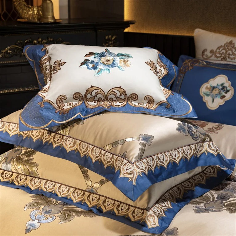 Royal Blue and Beige Floral Embroidered Bedding Set with Duvet Cover - 1000TC