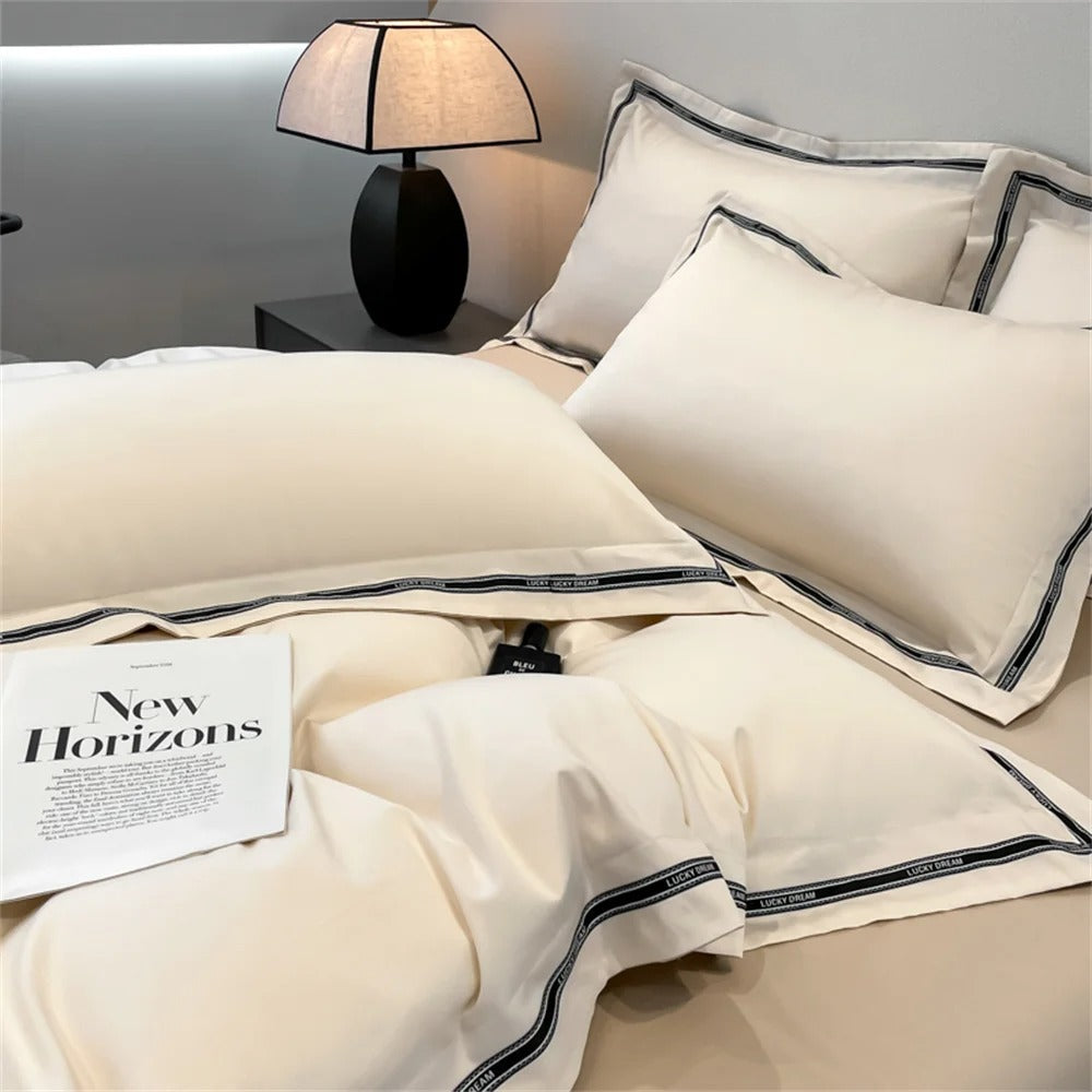 Ivory Egyptian Cotton Bedding Set with Stylish Border - 1000TC