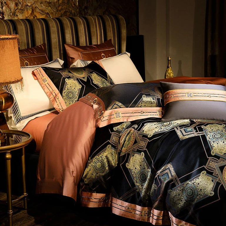 Rich Geometric Design Black and Gold Satin Bedding Set - 1000TC