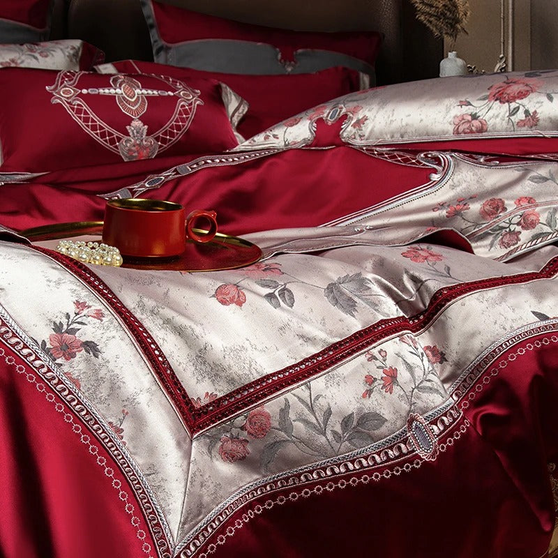 Rose Satin Floral Embroidered Bedding Set with Duvet Cover - 1500TC