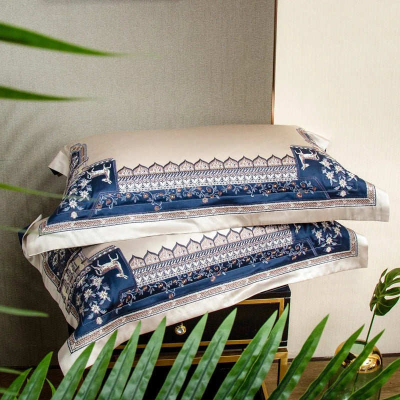 Luxurious Modern Embroidered Blue and Ivory Bedding Set - 1500TC