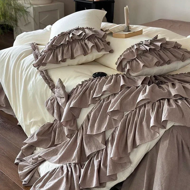 Elegant Ruffled Linen Bed Sheet Set with Duvet Cover - 600TC
