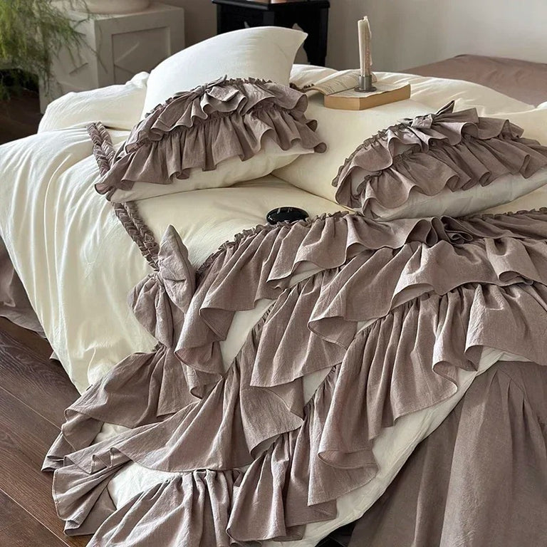 Elegant Ruffled Linen Bed Sheet Set with Duvet Cover - 600TC