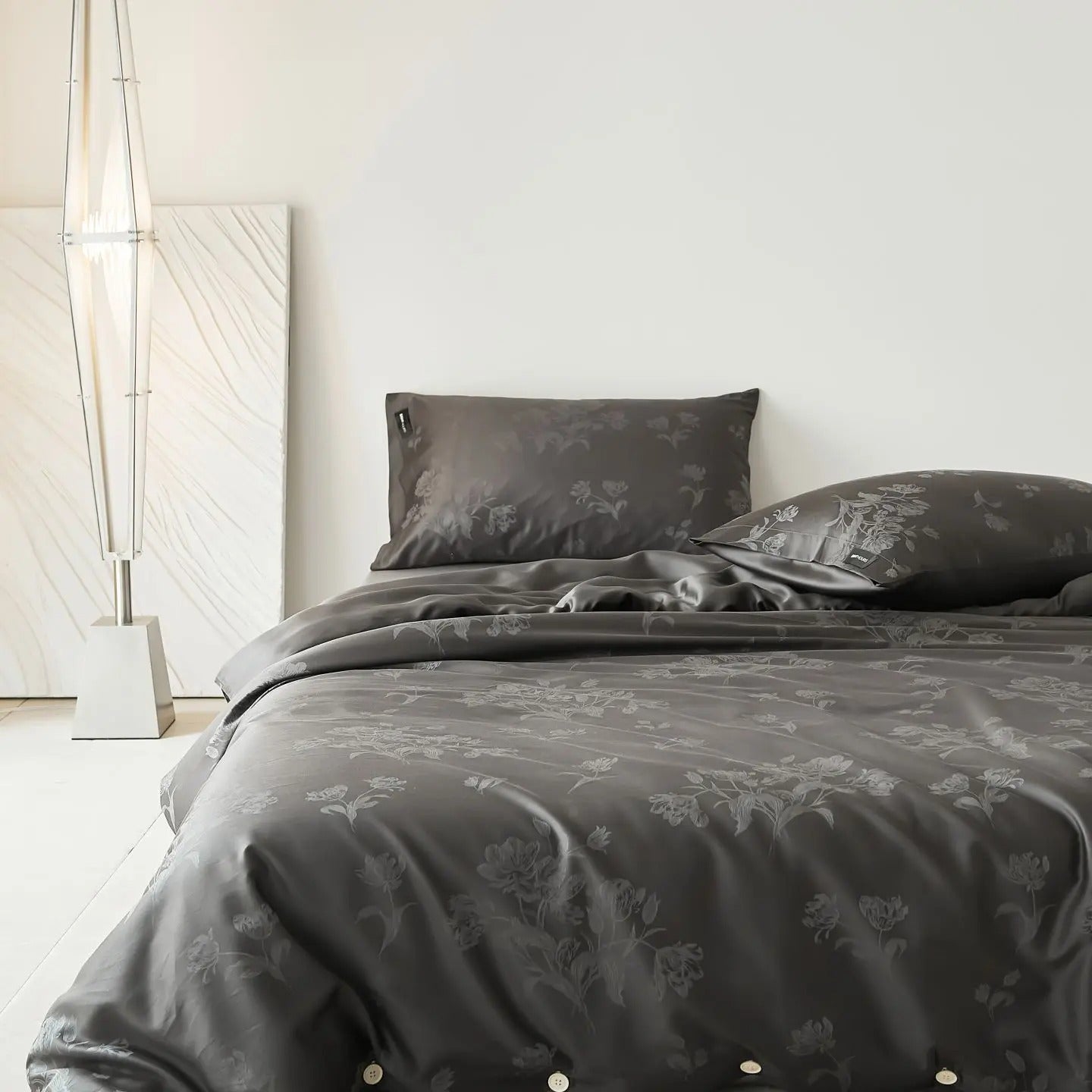 Charcoal Floral Jacquard Bedding Set with Duvet Cover - 600TC