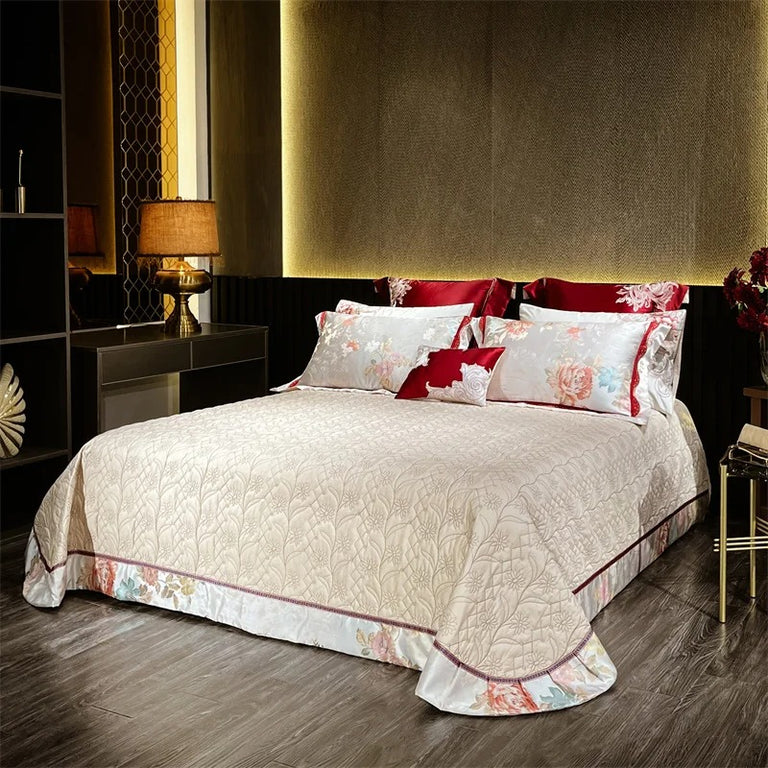 Beautiful Red Embroidered Floral Satin Bedding Set with Duvet Cover - 1200TC