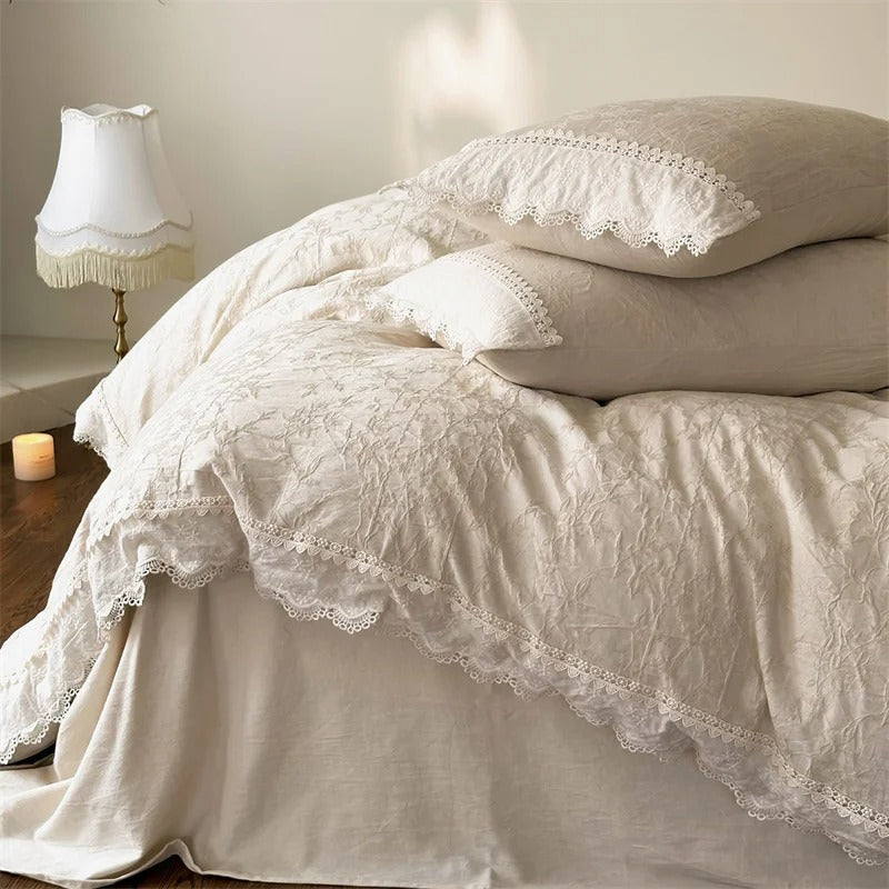 Classic Beige Satin Bedding Set with Beautiful Lace Trim - 600TC