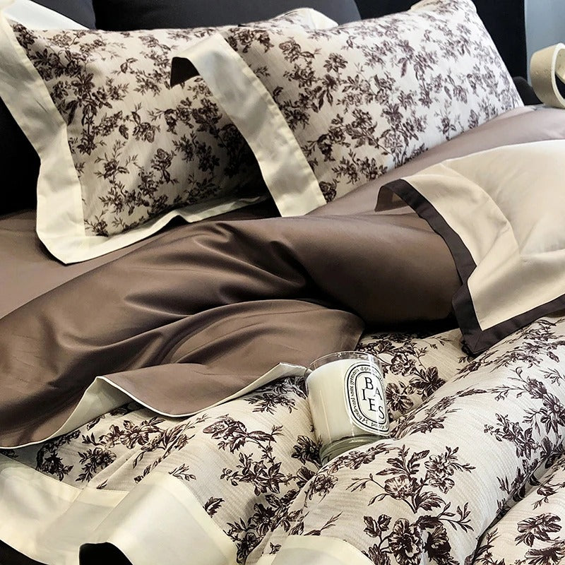 Vintage Floral Printed Bedding Set with Satin Border - 1000TC