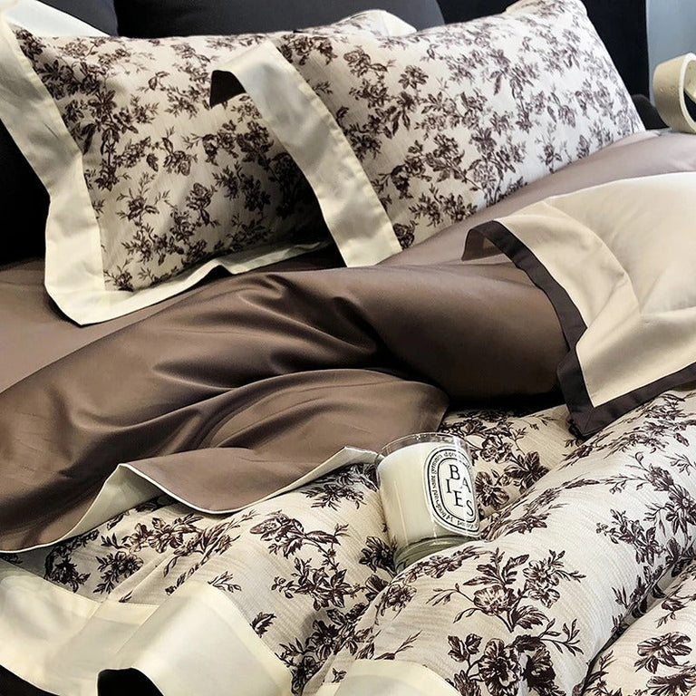 Vintage Floral Printed Bedding Set with Satin Border - 1000TC