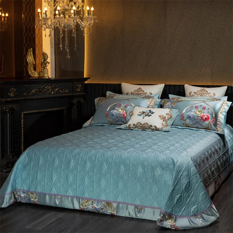 Aqua Blue Baroque Floarl Medallion Embroidered Bedding Set with Duvet Cover - 1000TC