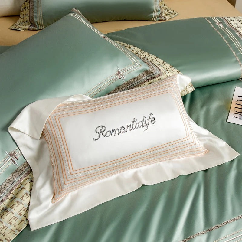 Romantic Mint Green Satin Egyptian Cotton Bedding with Duvet Cover - 1500TC
