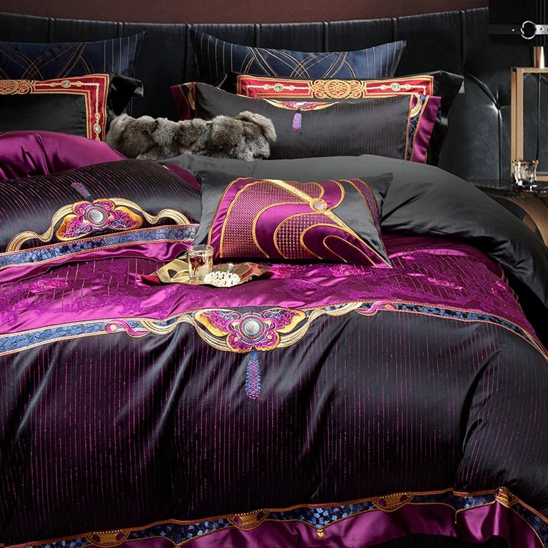 Jacquard Black and Purple Egyptian Cotton Bedding Set - 1500TC