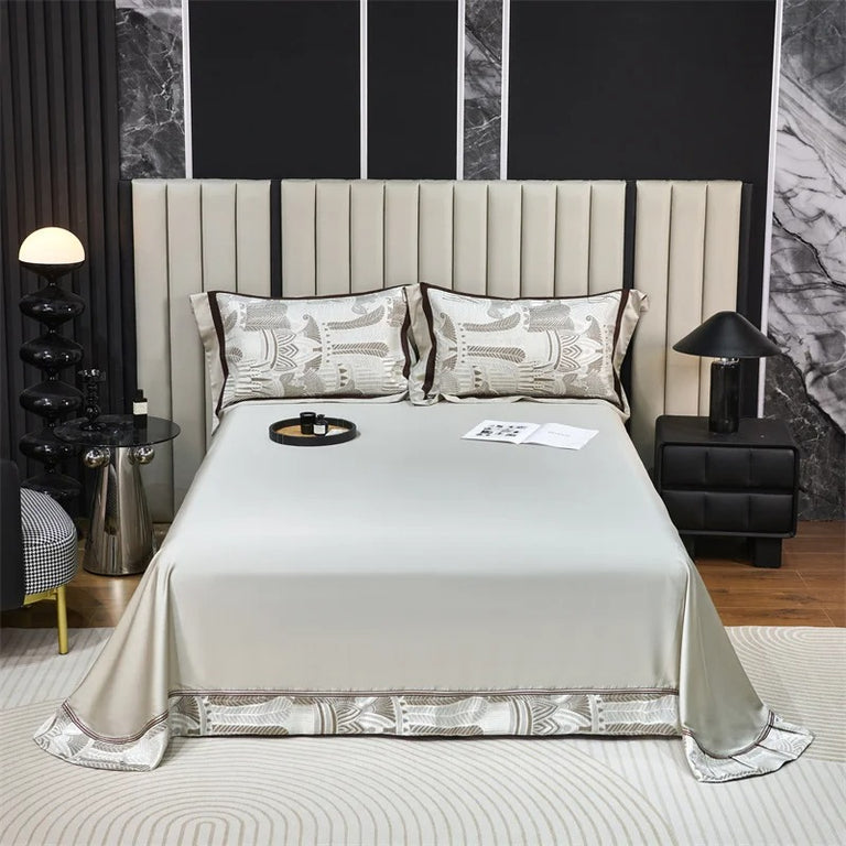Ivory and Brown Geometric Border Bedding Set with Duvet Cover - 1000TC