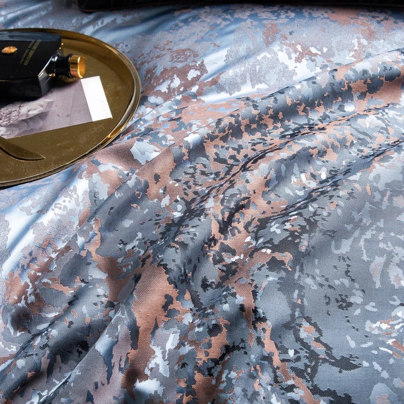 Blue and Copper Satin Embroidery Bedding Set with Duvet Cover - 1500TC