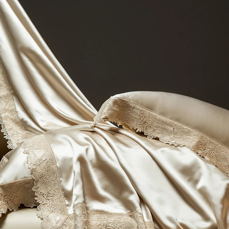 Champagne Gold Egyptian Cotton Lace Bedding Set with Duvet Cover - 1000TC