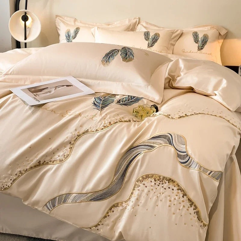 Feather-Embroidered Beige Satin Bedding Set with Duvet Cover - 600TC
